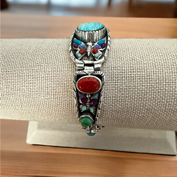 Stunning Fire Opal & Turquoise in Solid Sterling Silver Bracelet - Picture 3 of 12